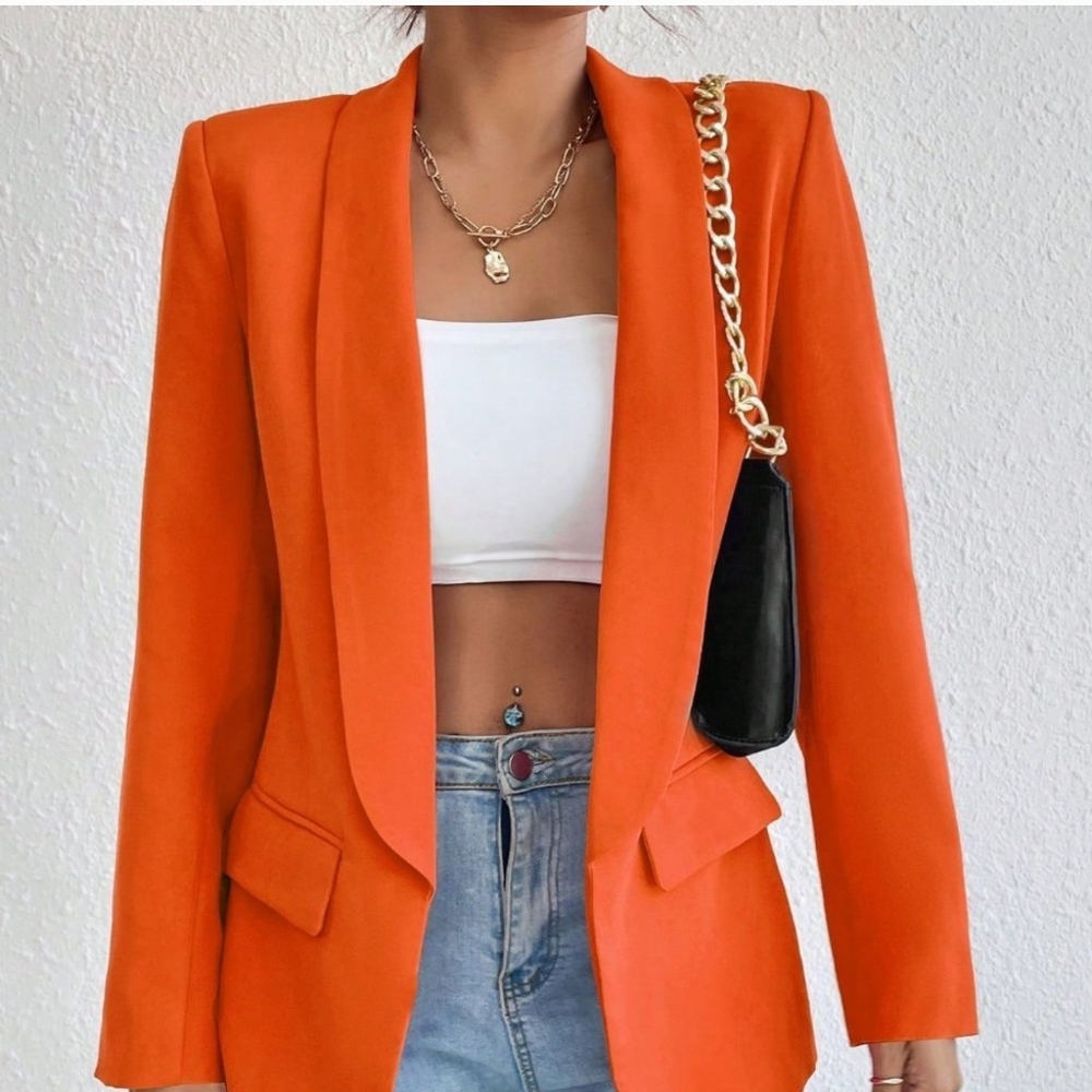 Orange Preppy Womens Solid Shawl Collar Blazer - Picture 2 of 5